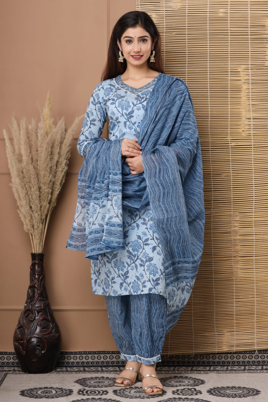 Buy DiRaVee GirlsWoman Nasrine Jaipuri Sanganeri Printed Round Neck Cotton  Kurti and Afgani Salwar Pant with Elastic Closure Ethnic Suit Dress Kurta  Set for Women  Girls Navy Blue S at Amazonin