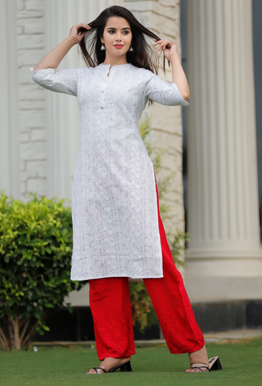 Cotton Kurti with full Chikan Work in White color WU6470