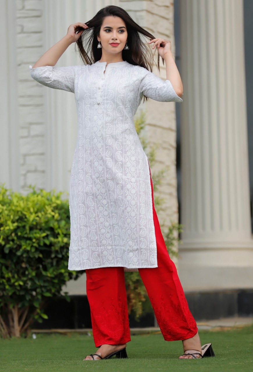 INDIA CHIKAN Cotton White Top-Long Kurti-With Lucknow Chikan Hand  Embroidery | Dress neck designs, Kurta neck design, Embroidery jeans outfit